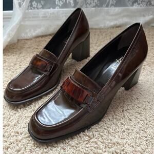 JOAN DAVID Womens Brown Patent Leather Loafer Block Heel Shoes Made in Italy 8.5